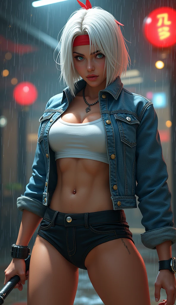 Best Image Quality, Masterpiece, Ultra High Definition, (Fidelity:1.4), Photos, 1 Girl, Torn White Shirt, Dirty Hot Pants, White Sneakers, Dimmed, Ruined Cityscape, Movie, (Ripped Clothes:1.5), (Wet Clothes:1.4), Bare Shoulders, Real Rain, Wet Hair,Dynamic Pose, Zombie Hunter