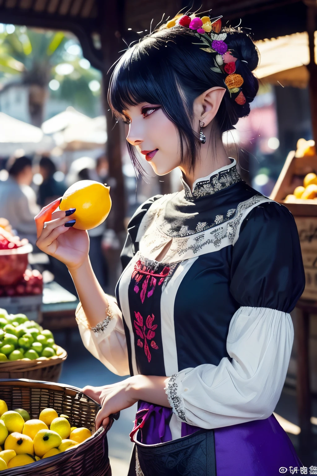 (Ultra-detailed face, looking away, Fantasy Illustration with Gothic, Ukiyo-e, Comic Art, rich tone colors), 
BREAK 
(This is a medieval Asian-style port town on the coast in a warm tropical climate. The morning market is bustling with shoppers and merchants. There are many stalls selling fresh vegetables and fruits, freshly baked bread, side dishes made from fish and meat, coffee and milk.), 
BREAK 
(A dark elf woman smiles and sells freshly caught colorful fruits at her stall. She draws a speech balloon on the screen and with the words "How about fresh and sweet fruits?" written in large letters on a speech balloon. Red apples, strawberries, cherries, orange oranges, mangoes, yellow lemons, bananas, pineapples, green kiwis, melons, grapes, blue grapes, blueberries, indigo black figs, and purple blackberries are arranged to form a colorful gradation.), 
BREAK 
(A young-aged dark elf woman with silver color hair, blunt bangs, Hair in a bun and dark purple color skin, lavender color eyes. She wears smoky makeup around her eyes. She wears dark eyeliner under her eyes.), 
BREAK 
(A dark elf woman wears a pink coral hair ornament, a Victorian white satin blouse and skirt with lace and embroidery, and a small apron.)