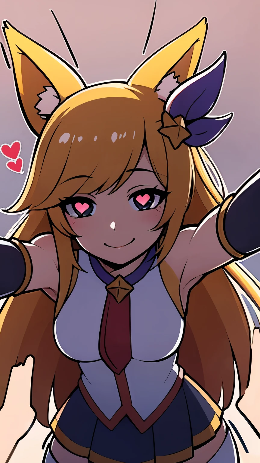 Heart-shaped_pupils, white thighhighs, starguardianahri, elbow gloves, hair ornament, skirt, star guardian \(league of legends\, blonde hair, long hair, fox tail, 1girl solo, kabedon pov, smile, blush, (speed lines:1.1)