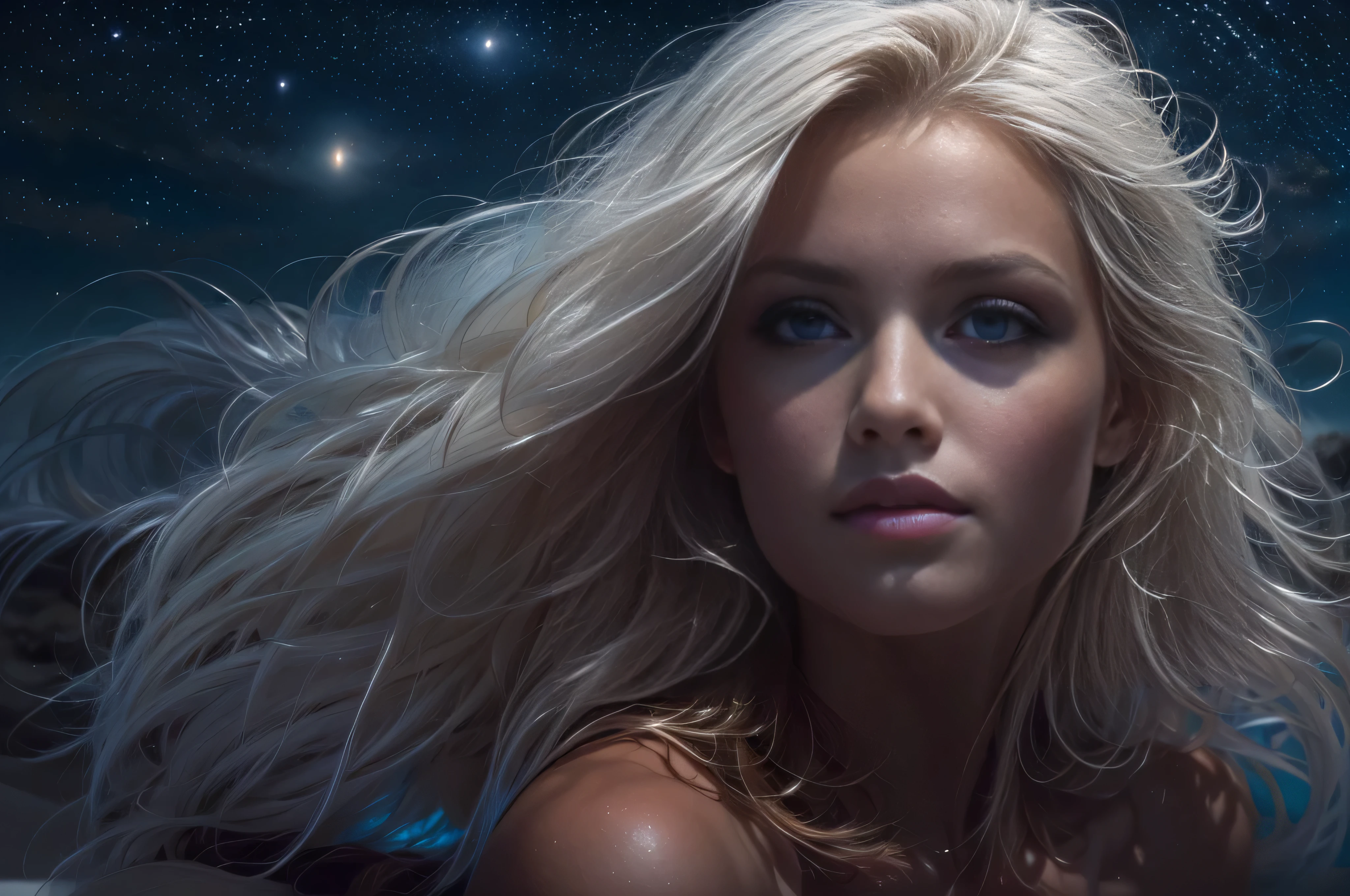 Masterpiece, analog style, (night sky, slender slim body, nude, full body shot:1.2), 1girl, (beautiful girl, very white skin, long white hair), shiny body, smile, cute thin face, perfect thin face, realistic detailed eyes, (photo by lee jeffries, greg rutkowski and magali villanueve), octane, UHD, ultra high quality, hyperrealistic, photorealistic, Madly detailed, CG unity, 16k wallpaper, Madly detailed photo, hyper-realistic lifelike texture, unreal engine 5, (ecstasy of light and shadow), (sony a7, 50 mm, film grain, UHD, HDR, (beautiful beach in the background , night time deep night sky:1.1)
