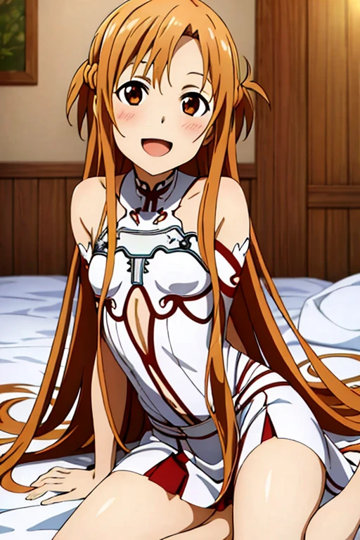 ((Highest quality)), ((masterpiece)), (be familiar with), Perfect Face, indoor, Bedroom, Watching the audience,
One woman, Yuuki Asuna,
Open Mouth, Ecstatic expression, blush, smile,
Small breasts, Flat Chest, , , child, Girl,
Long Hair, Long Hair,
Leg spread,