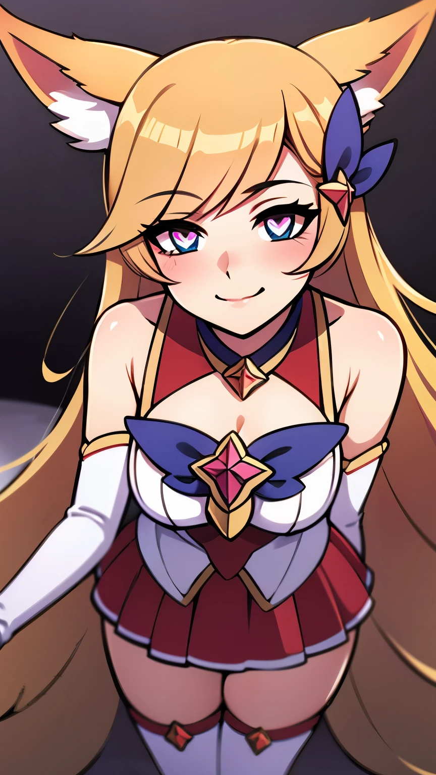 Heart-shaped_pupils, white thighhighs, starguardianahri, elbow gloves, hair ornament, skirt, star guardian \(league of legends\, blonde hair, long hair, fox tail, 1girl solo, kabedon pov, smile, blush, 