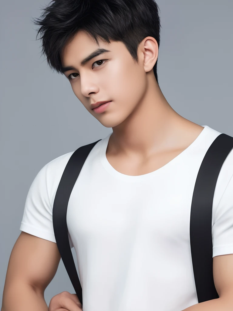 1boy,rs old,male focus,solo,pectorals,muscular,looking at viewer,black hair,short hair,(sports head band:1.5),muscular male,upper body,black tank top,black eyes,short hair,realistic,headphones,(short hair:1.2),(incredibly absurdres:2),(wallpaper:2),(8K:2),