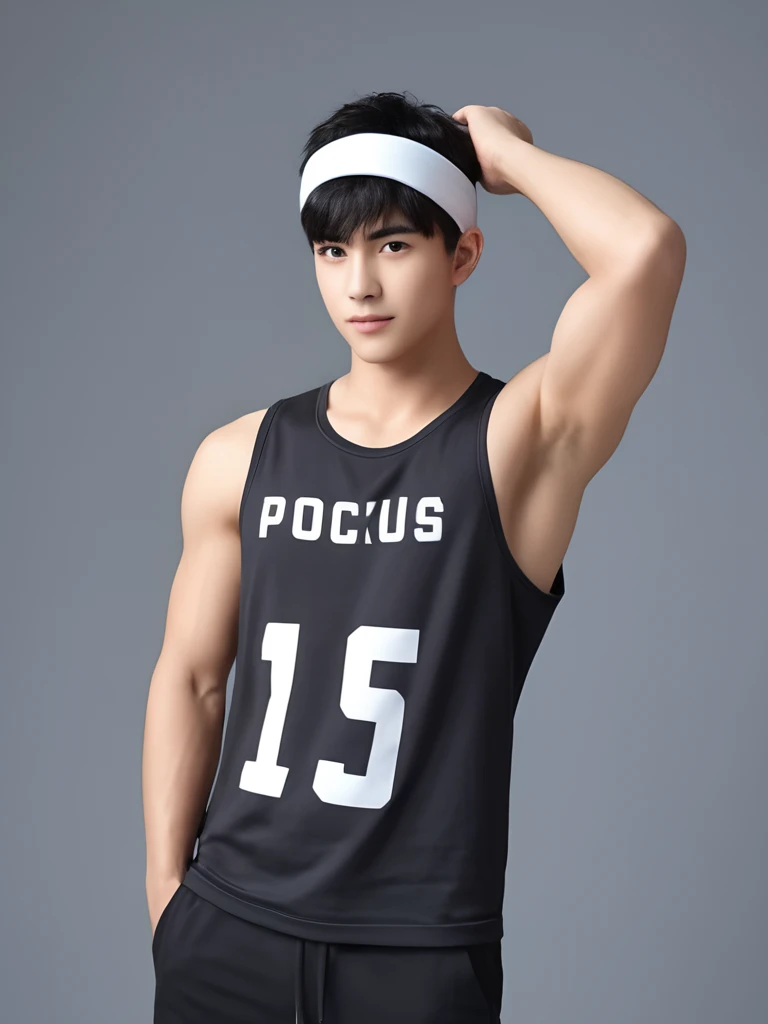 1boy,16 yesrs old,male focus,solo,pectorals,muscular,looking at viewer,black hair,short hair,(sports head band:1.5),muscular male,upper body,black tank top,black eyes,short hair,realistic,headphones,(short hair:1.2),(incredibly absurdres:2),(wallpaper:2),(8K:2),