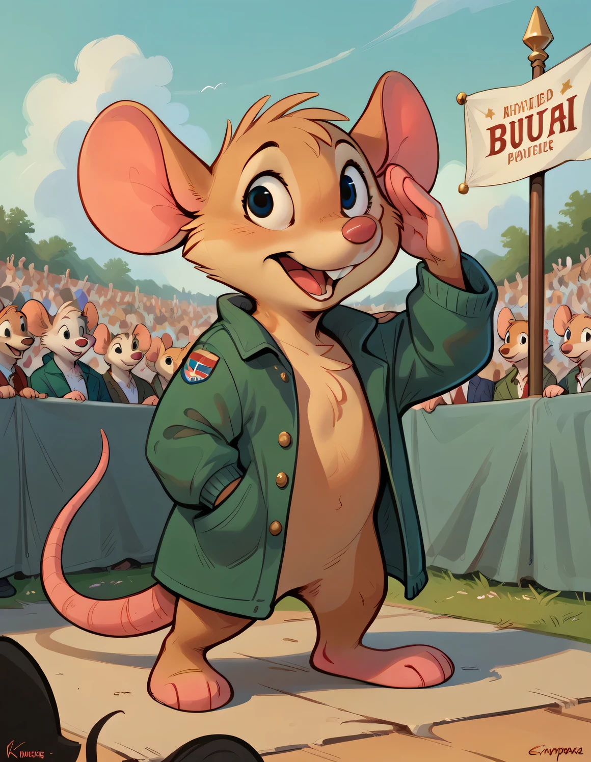 score_9, score_8_up, score_7_up, score_6_up, score_5_up, score_4_up, source_furry, 1girl, solo, kinked tail, (Green jacket, bottomless, standing), podium, crowd, straight-arm salute, banners, detailed face, detailed eyes, crisp, detailed background, olivia_f, animal nose, brow fur, mouse ears, mouse tail, black eyes, buck teeth,