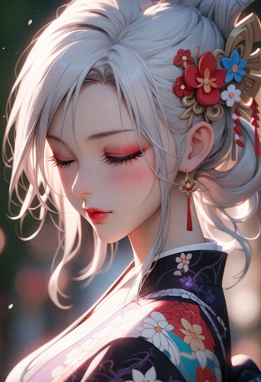 score_9, score_8_up, score_7_up, i want the whole image to be created in 3D anime style, 1girl, solo, blush, hair ornament, closed mouth, closed eyes, upper body, flower, white hair, japanese clothes, hair flower, kimono, blurry, eyelashes, makeup, depth of field, blurry background, drill hair, floral print, lipstick, eyeshadow, hair rings, kanzashi
