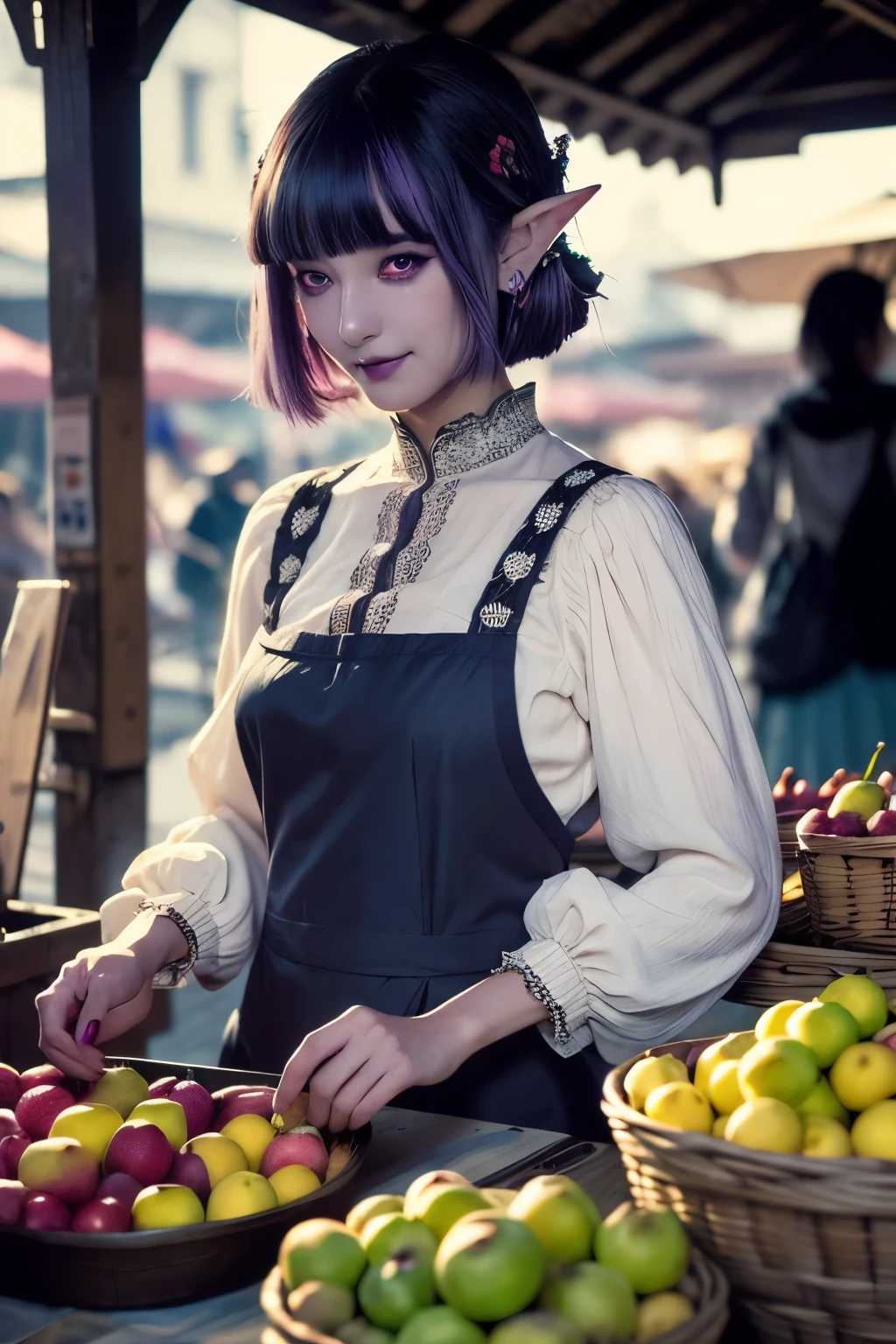 (Ultra-detailed face, looking away, Fantasy Illustration with Gothic, Ukiyo-e, Comic Art, rich tone colors), 
BREAK 
(This is a medieval Asian-style port town on the coast in a warm tropical climate. The morning market is bustling with shoppers and merchants. There are many stalls selling fresh vegetables and fruits, freshly baked bread, side dishes made from fish and meat, coffee and milk.), 
BREAK 
(A dark elf woman smiles and sells freshly caught colorful fruits at her stall. She draws a speech balloon on the screen and with the words "How about fresh and sweet fruits?" written in large letters on a speech balloon. Red apples, strawberries, cherries, orange oranges, mangoes, yellow lemons, bananas, pineapples, green kiwis, melons, grapes, blue grapes, blueberries, indigo black figs, and purple blackberries are arranged to form a colorful gradation.), 
BREAK 
(A young-aged dark elf woman with silver color hair, blunt bangs, Hair in a bun and dark purple color skin, lavender color eyes. She wears smoky makeup around her eyes. She wears dark eyeliner under her eyes.), 
BREAK 
(A dark elf woman wears a pink coral hair ornament, a Victorian white satin blouse and skirt with lace and embroidery, and a small apron.)