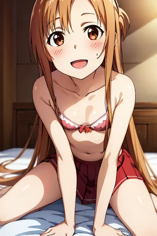 ((Highest quality)), ((masterpiece)), (be familiar with), Perfect Face, indoor, Bedroom, Watching the audience,
One woman, Yuuki Asuna,
Open Mouth, Ecstatic expression, blush, smile,
Small breasts, Flat Chest, , , child, Girl,
Long Hair, Long Hair,
Leg spread,