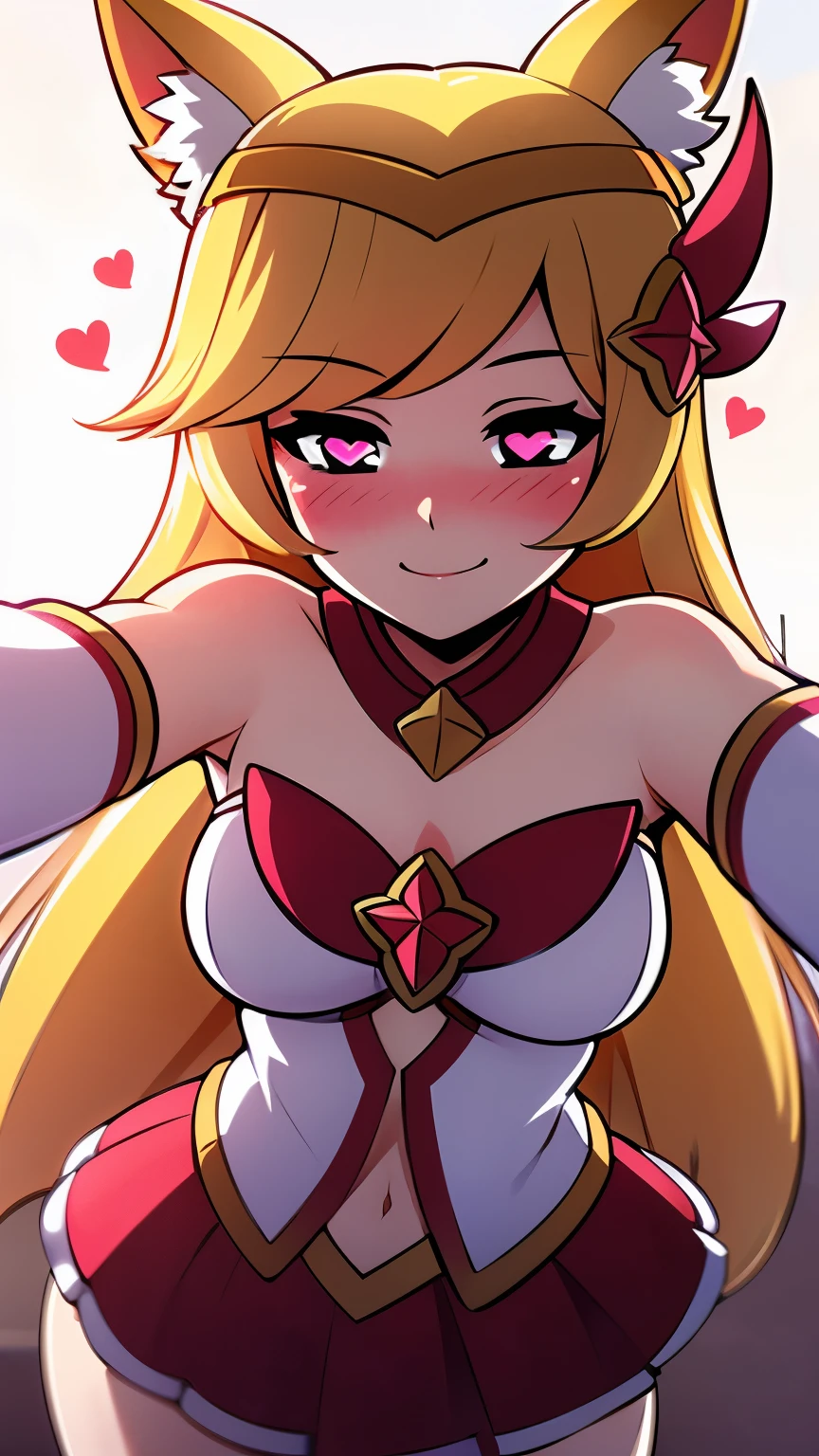 Heart-shaped_pupils, starguardianahri, elbow gloves, hair ornament, skirt, star guardian \(league of legends\, blonde hair, long hair, fox tail, navel, medium breasts, 1girl solo, kabedon pov, smile, ((blush:1.2)), 