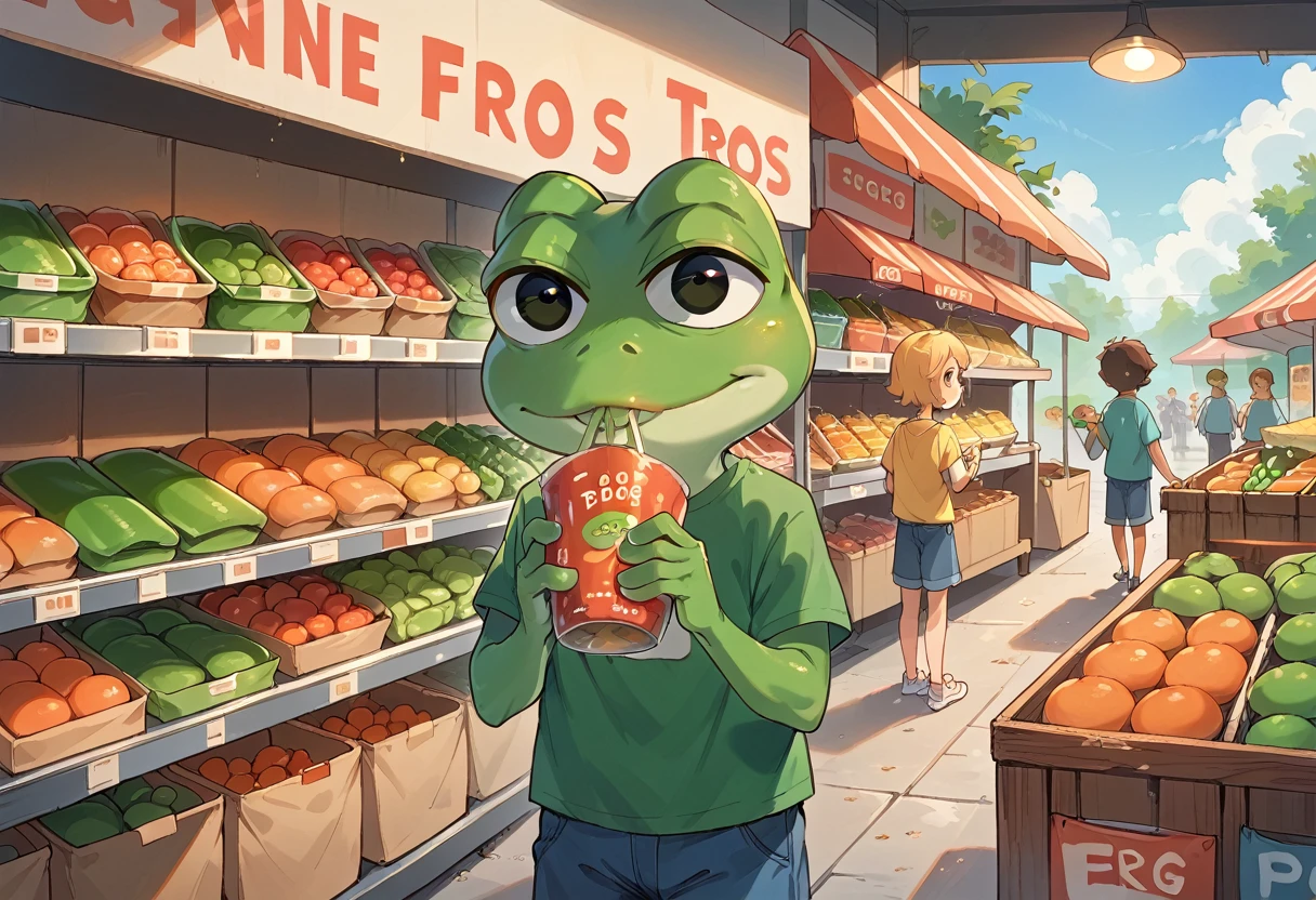 Pepe the Frog, a group of 3 young frogs, dressed like teenagers, in the aisle of a supermarket, eating products, front distant shot