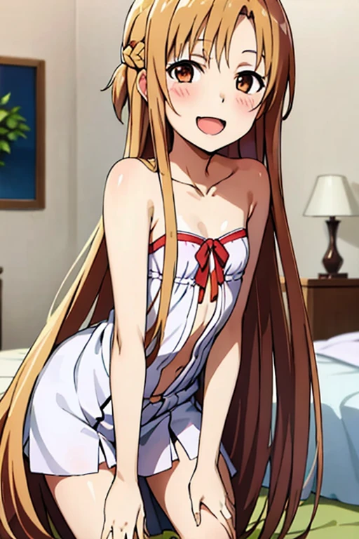 ((Highest quality)), ((masterpiece)), (be familiar with), Perfect Face, indoor, Bedroom, Watching the audience,
One woman, Yuuki Asuna,
Open Mouth, Ecstatic expression, blush, smile,
Small breasts, Flat Chest, , , child, Girl,
Long Hair, Long Hair,
Leg spread,