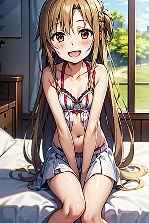 ((Highest quality)), ((masterpiece)), (be familiar with), Perfect Face, indoor, Bedroom, Watching the audience,
One woman, Yuuki Asuna,
Open Mouth, Ecstatic expression, blush, smile,
Small breasts, Flat Chest, , , child, Girl,
Long Hair, Long Hair,
Leg spread,