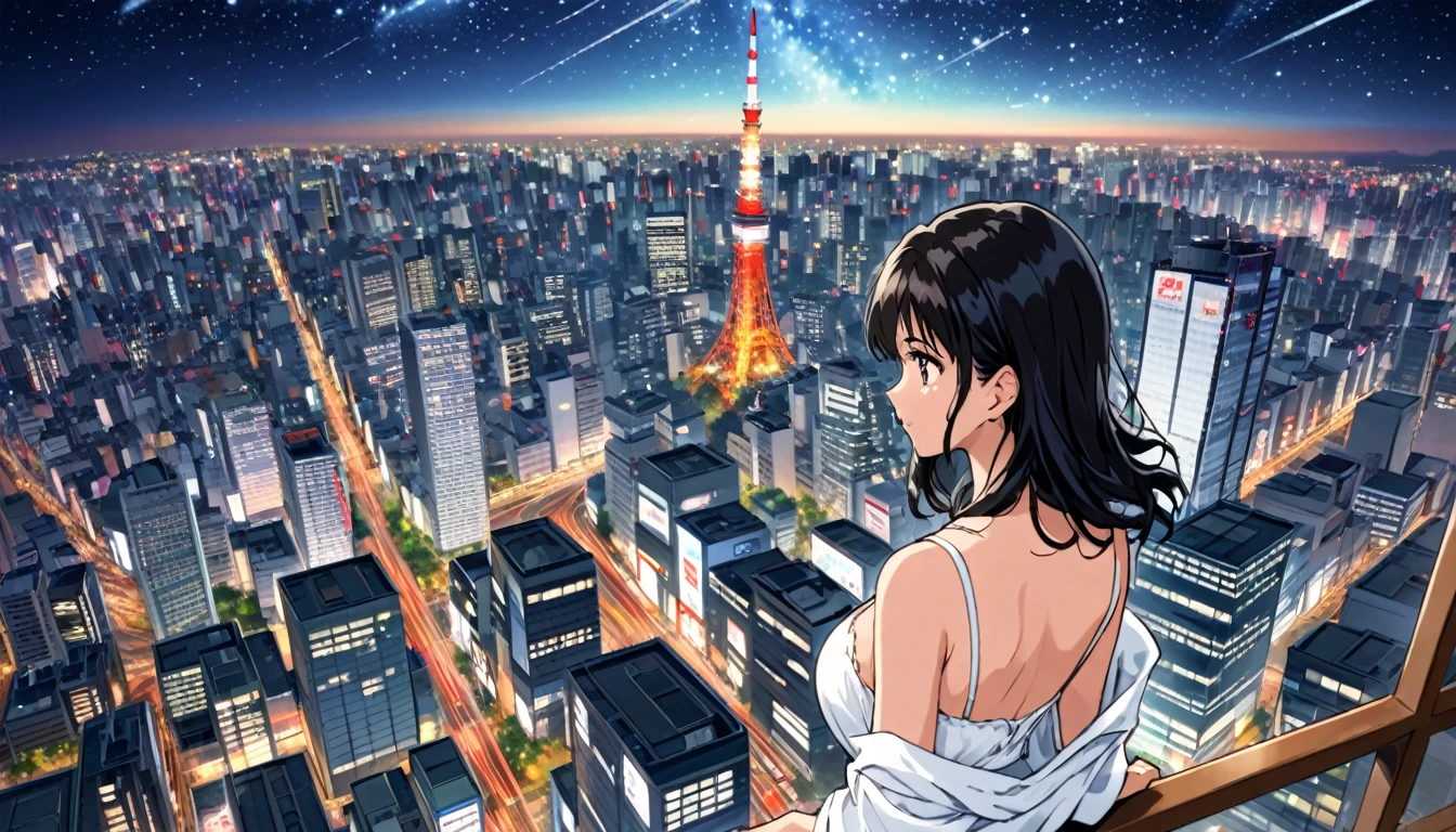 A black-haired woman looking out over the city of Tokyo,Night starry sky,Streetscape、listen to music、Japanese　Black Hair　Cleavage Skyscraper City　White clothes　白いYシャツを着てる