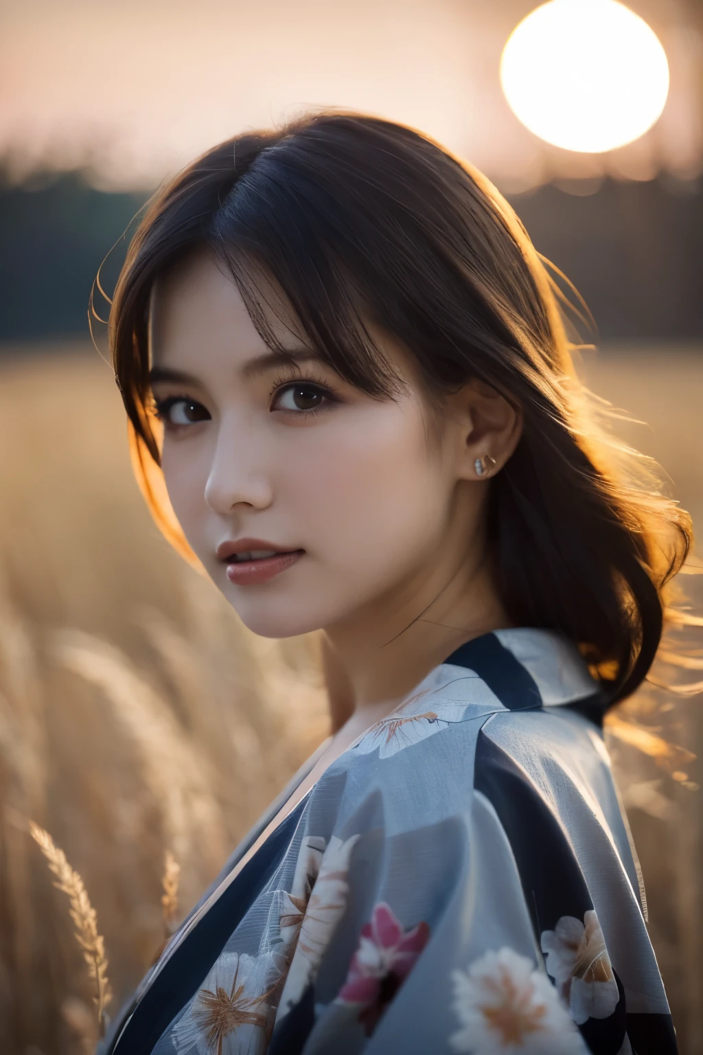 One Girl, (She is wearing a cute yukata:1.2), (Beautiful Japanese idol portrait photos),
(The background is a moonlit night with silver grass fields.:1.3),
(RAW Photos, Highest quality), (Realistic, photo-Realistic:1.4), masterpiece, 8K Portrait,
Very delicate and beautiful, Very detailed, 2k wallpaper, wonderful, In detail, Very detailed CG unity 8k wallpaper, 
Very detailed, High resolution, 
Soft Light, Beautiful detailed woman, Very detailed eyes and face, Beautiful and sophisticated nose, Beautiful attention to detail,
Cinema Lighting, Perfect Anatomy, 
Slender body, Small breasts, Medium Hair, Hair blowing in the wind, Bokeh, Dynamic angles, (Elegant and sophisticated atmosphere)