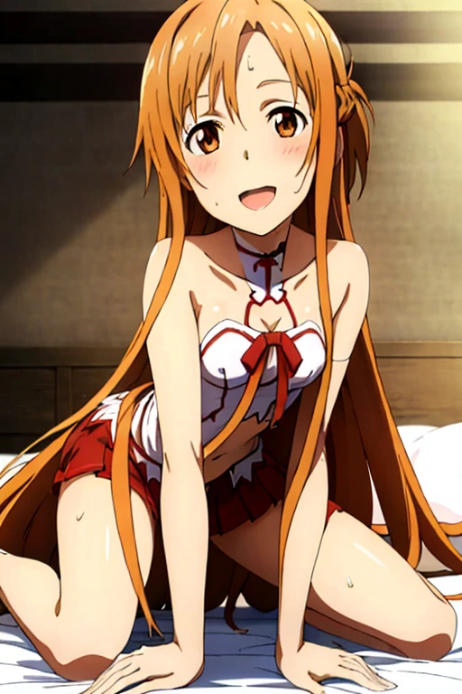 ((Highest quality)), ((masterpiece)), (be familiar with), Perfect Face, indoor, Bedroom, Watching the audience,
One woman, Yuuki Asuna,
Open Mouth, Ecstatic expression, blush, smile,
Small breasts, Flat Chest, , , child, Girl,
Long Hair, Long Hair,
Leg spread,