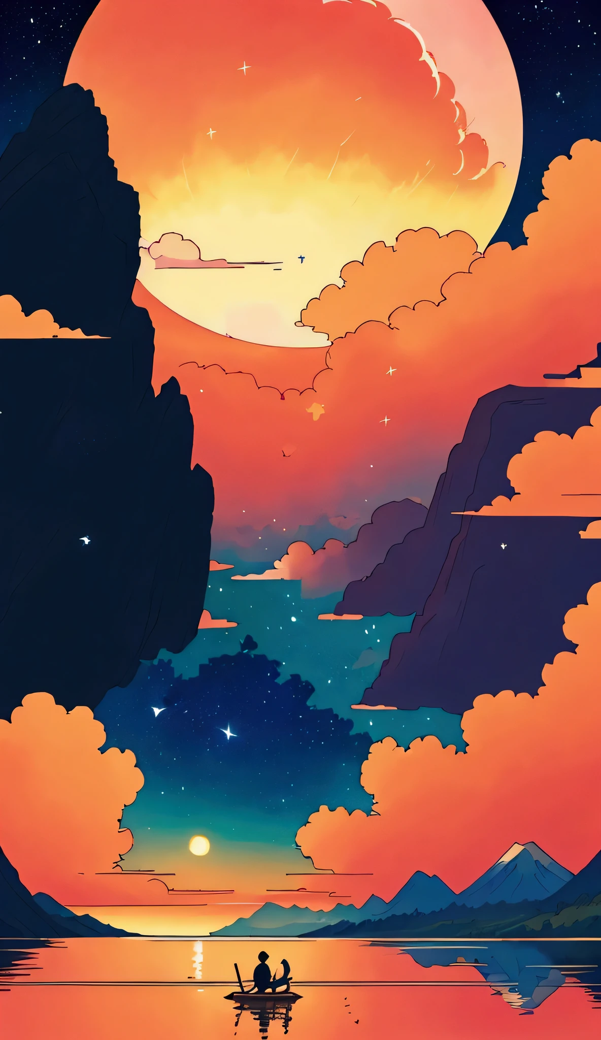 /imagine prompt: Viral anime nature wallpaper in 4K quality, in the style of photography with a 35mm lens inspired by Makoto Shinkai, capturing a breathtaking sunset over a tranquil lake, the sky painted in hues of orange and pink, with a silhouette of mountains in the background; warm and serene color temperature, cosmos lighting with stars twinkling in the sky, no human characters, the atmosphere is peaceful and reflective --v 5 --stylize 1000