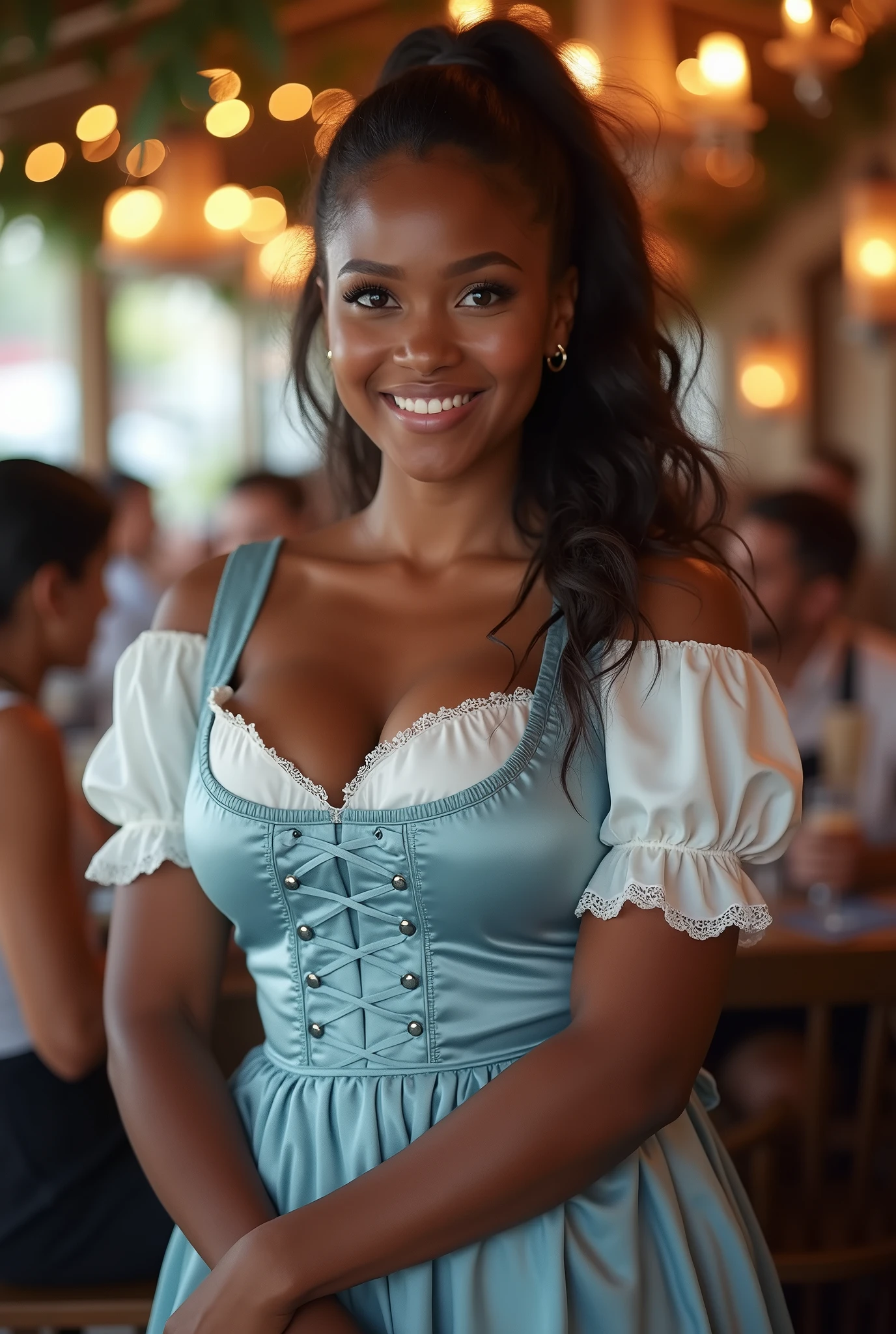 (masterpiece, best quality:1.5), highest quality, High resolution, super detailed, Realists, Bust portrait of a 22-year-old Black woman, black skin, detailed and beautiful eyes, beautiful detailed lips, very detailed eyes and face, longeyelashes, A 22-year-old woman in a shiny satin dirndl, Beautiful and colorful makeup, elegant and noble々Pose, Hairband,, City as background, bright daylight, bright colors, fine brushstrokes, Portrait style, beautiful color palette, glowing skin, First-class rendering, that captures every detail, enchanting atmosphere, (perfect anatomy:1.2), (The stunning woman wears a dirndl. She stands and shows off her figure, (magnificent panorama view:1.2)