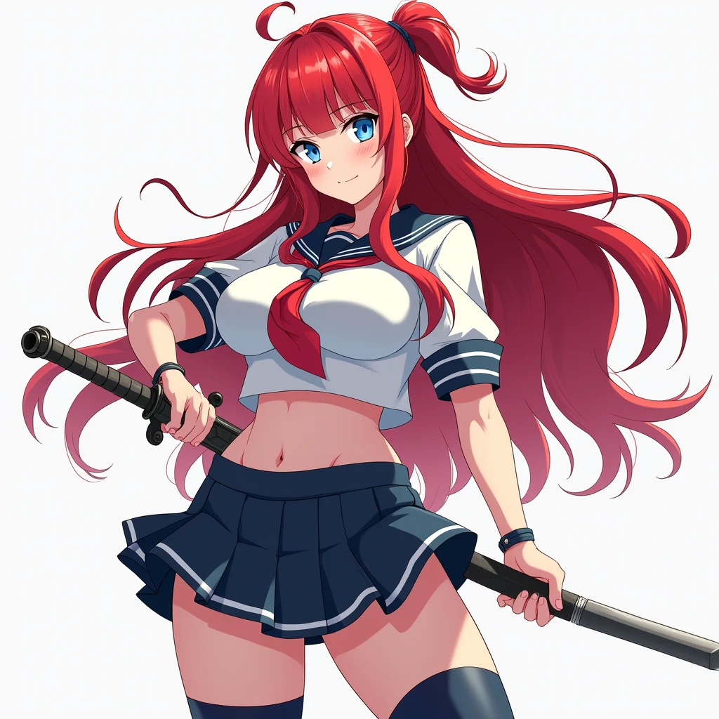anime, adult woman, (((japanese schoolgirl uniform))), ((underboob)), (((skirt lifted by a draft revealing transparent pantie with cameltoe))), big breasts, swirl of air all around her, sword in one hand, storm decor, fighting pose, ref hair, camera angle low angle view from below, Correct anatomy, 5 fingered hands