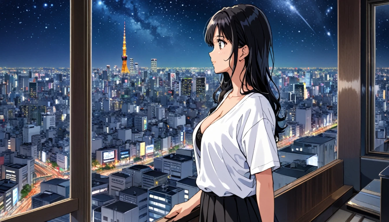 A black-haired woman looking out over the city of Tokyo,Night starry sky,Streetscape、listen to music、Japanese　Black Hair　Cleavage Skyscraper City　Wear a white Y-shirt