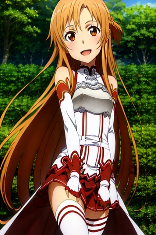 ((Highest quality)), ((masterpiece)), (be familiar with), Perfect Face, indoor, Bedroom, Watching the audience,
One woman, Yuuki Asuna,
Open Mouth, Ecstatic expression, blush, smile,
Small breasts, Flat Chest, , , child, Girl,
Long Hair, Long Hair,
Leg spread,