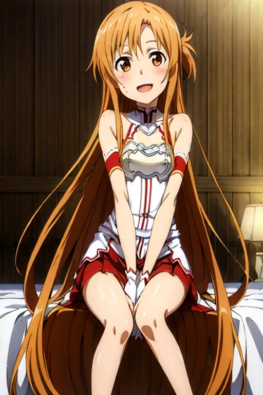 ((Highest quality)), ((masterpiece)), (be familiar with), Perfect Face, indoor, Bedroom, Watching the audience,
One woman, Yuuki Asuna,
Open Mouth, Ecstatic expression, blush, smile,
Small breasts, Flat Chest, , , child, Girl,
Long Hair, Long Hair,
Leg spread,