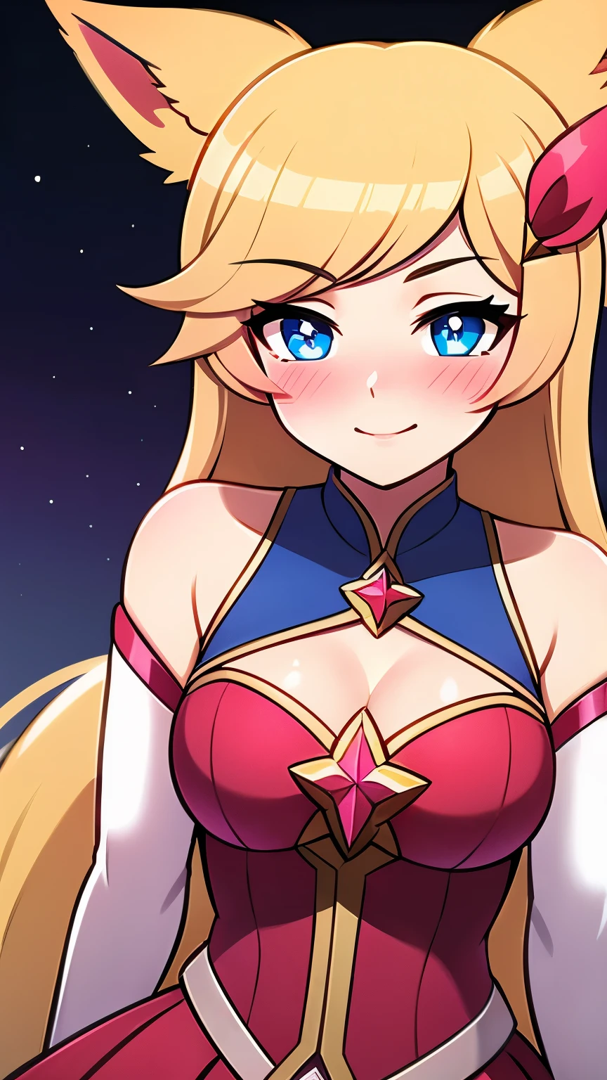 Heart-shaped_pupils, starguardianahri, elbow gloves, hair ornament, skirt, star guardian \(league of legends\, blonde hair, long hair, fox tail, 1girl solo, kabedon pov, smile, ((blush:1.2)), 