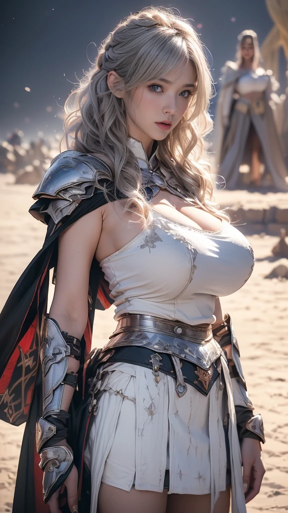 Elegant Armor, blue eyes, blonde, 30-year-old woman,One Woman、 masterpiece，Best quality in best condition，High resolution，8k，((Portraiture))，(Upper Body)，Original photo，Actual Photos，Digital Photography,blue eyes， Super huge boobs】, Extravagant decoration of pointy huge breasts，Opened lips，Makes your lips look more attractive and glamorous，((Toned body))，(Medieval Armor，Beautiful big pointy breasts, Tight waist )，16K resolution, Canon EOS R5, 50mm,( Rendering Reflection Texture, Sexy Style, Sexy Big , The body is slim, ((((Very detailedで複雑な鎖帷子)))) , Colorful colors、((Gorgeous mini skirt))、((chain garter belts))、 Looking into the camera、Very beautiful woman、Slender women、(Detailed face)、Realistic Skin、((((Very detailedで複雑な鎖帷子))))、((Delicate photo))，(Girl Astepeace RAW Photo Details:1.25), (Highest quality:1.6), (超High resolution:1.5), (Realistic:1.75), 8k解像度, Canon EOS R5, 50mm, Absurd, Very detailed,Cinema Lighting,((battlefieldfield))、((battlefield))、(((White skirt with embellishments)))、Thigh-high socks、Shingard、((Silver Hair))、((Curly Hair))、((Drill hair))、((Short hair with bangs and wavy hair,))、Get a six pack、Cape、Beautiful Armor、(((Has a huge weapon)))、(In combat)、The wind is blowing、((Symmetrical armor))、((((Background Desert))))、(((Background night sky)))、Looking at the camera、look forward to、、,Her panties are almost visible, but not visible.、Nipples visible through clothes、Embarrassed、of thin fabric