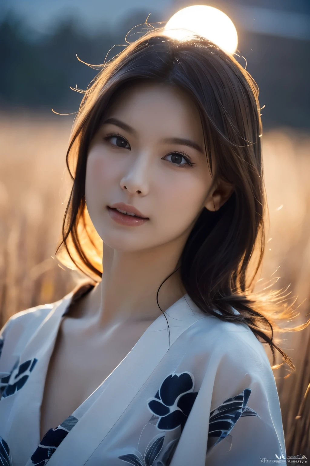 One Girl, (She is wearing a cute yukata:1.2), (Beautiful Japanese idol portrait photos),
(The background is a moonlit night with silver grass fields.:1.3),
(RAW Photos, Highest quality), (Realistic, photo-Realistic:1.4), masterpiece, 8K Portrait,
Very delicate and beautiful, Very detailed, 2k wallpaper, wonderful, In detail, Very detailed CG unity 8k wallpaper, 
Very detailed, High resolution, 
Soft Light, Beautiful detailed woman, Very detailed eyes and face, Beautiful and sophisticated nose, Beautiful attention to detail,
Cinema Lighting, Perfect Anatomy, 
Slender body, Small breasts, Medium Hair, Hair blowing in the wind, Bokeh, Dynamic angles, (Elegant and sophisticated atmosphere)