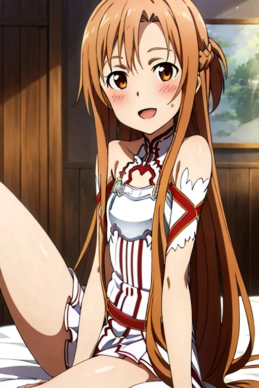 ((Highest quality)), ((masterpiece)), (be familiar with), Perfect Face, indoor, Bedroom, Watching the audience,
One woman, Yuuki Asuna,
Open Mouth, Ecstatic expression, blush, smile,
Small breasts, Flat Chest, , , , Girl,
Long Hair, Long Hair,
Leg spread,