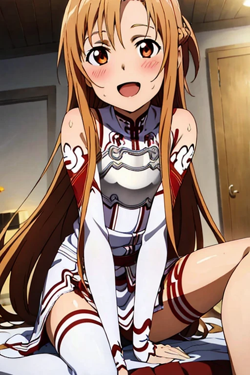 ((Highest quality)), ((masterpiece)), (be familiar with), Perfect Face, indoor, Bedroom, Watching the audience,
One woman, Yuuki Asuna,
Open Mouth, Ecstatic expression, blush, smile,
Small breasts, Flat Chest, , , child, Girl,
Long Hair, Long Hair,
Leg spread,