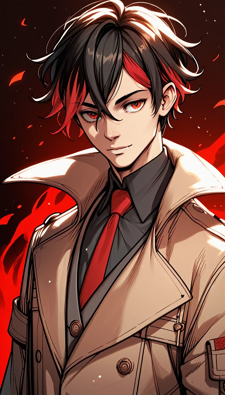 Male, Vampire, medium black hair with red highlights on hair, Red-eyed, trenchcoat, beautiful body, score_9, score_8_up, score_7_up, score_6_up, score_5_up, score_4_up,