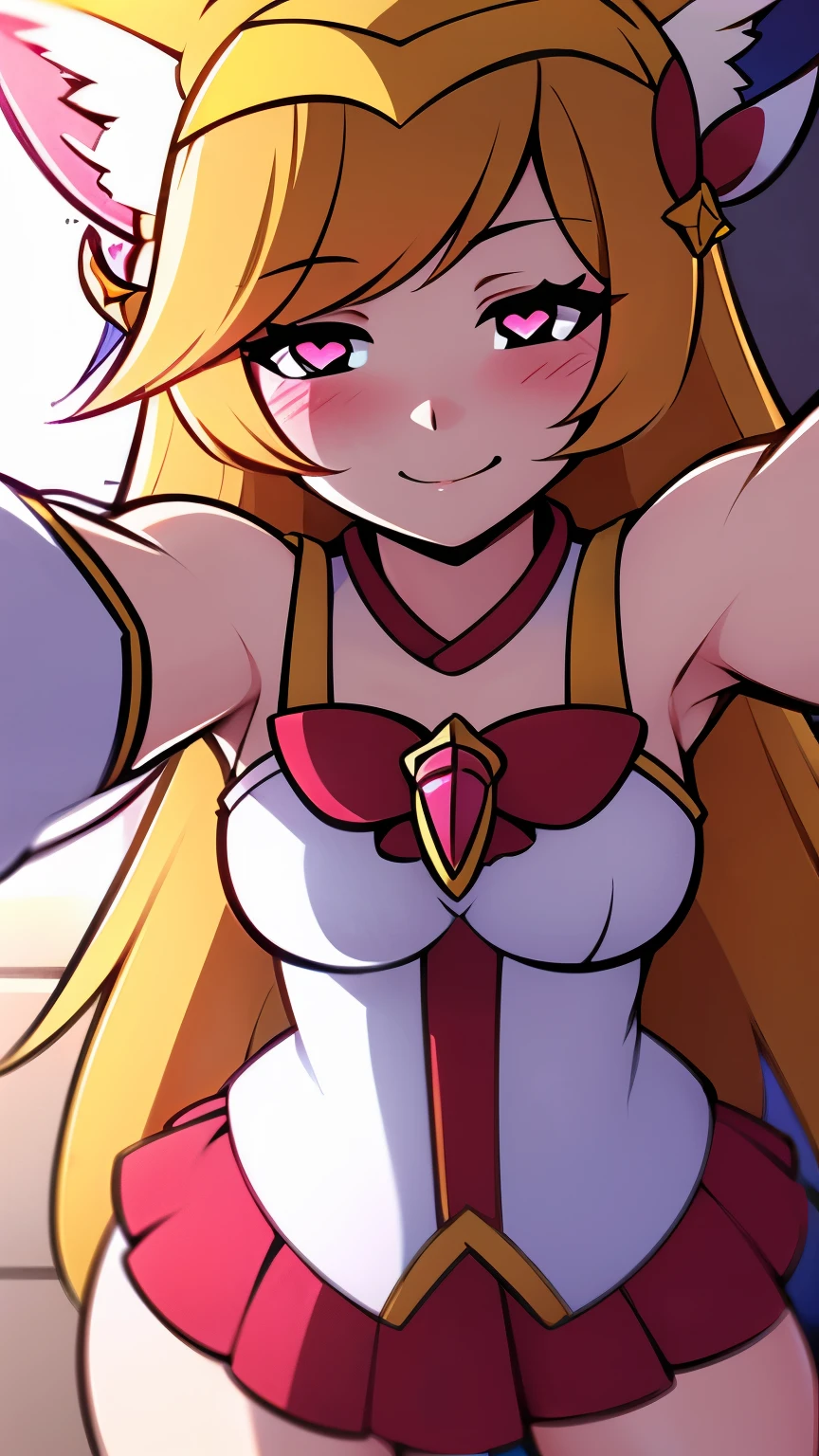 Heart-shaped_pupils, starguardianahri, elbow gloves, hair ornament, skirt, star guardian \(league of legends\, blonde hair, long hair, fox tail, slim body, 1girl solo, kabedon pov, smile, ((blush:1.2)), 