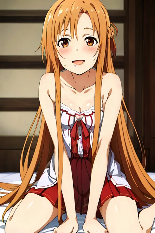 ((Highest quality)), ((masterpiece)), (be familiar with), Perfect Face, indoor, Bedroom, Watching the audience,
One woman, Yuuki Asuna,
Open Mouth, Ecstatic expression, blush, smile,
Small breasts, Flat Chest, , , child, Girl,
Long Hair, Long Hair,
Leg spread,