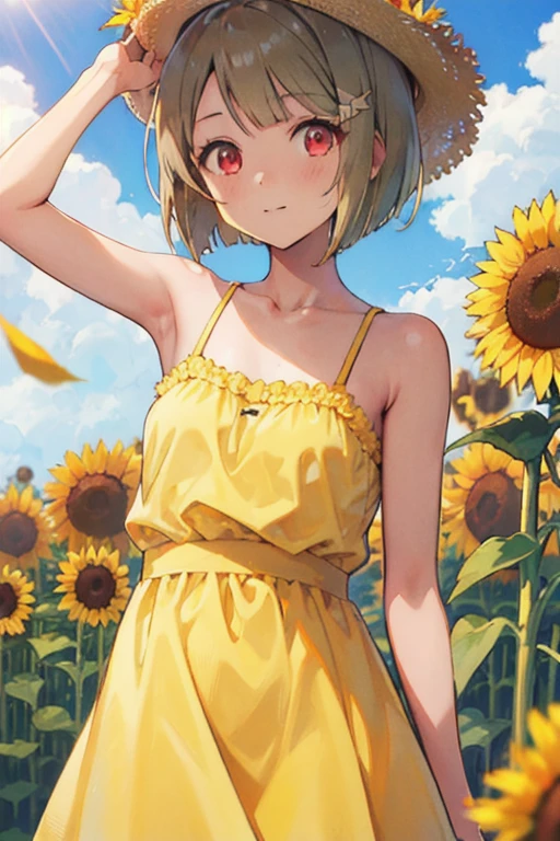 Tanned hair，Bobcut，short hair，ワンレングスBobcut，Asymmetrical Hairstyles，Long left hair，Red Eye，nakasu kasumi，Yellow Camisole Dress，Sunflower field