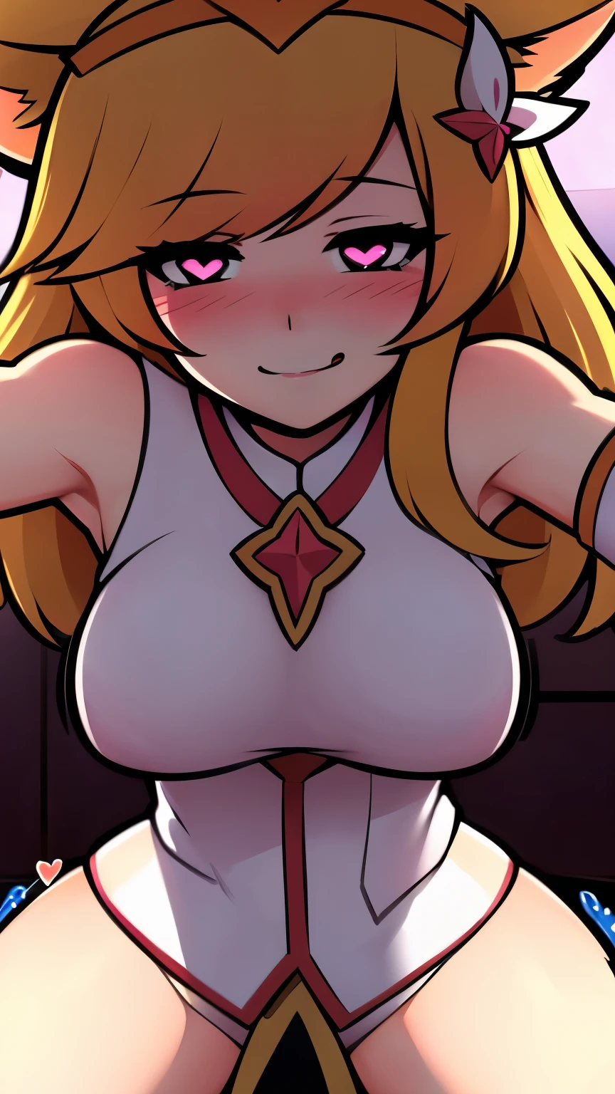 Heart-shaped_pupils, starguardianahri, elbow gloves, hair ornament, skirt, star guardian \(league of legends\, blonde hair, long hair, fox tail, slim body, 1girl solo, kabedon pov, smile, ((blush:1.2)), licking her own lips,