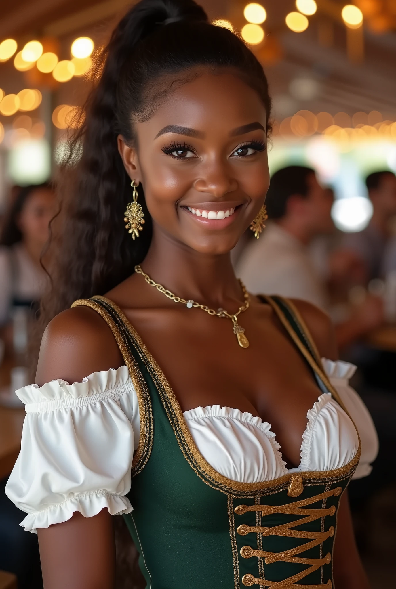 1girl, solo, sitting down, beautiful 25 year old woman, pacific islander, (dark skin:1.4), auburn hair, braided updo, large breasts, cream dirndl, (stockings), fields of flowers, sunshine, clouds, sexy pose, seductive pose