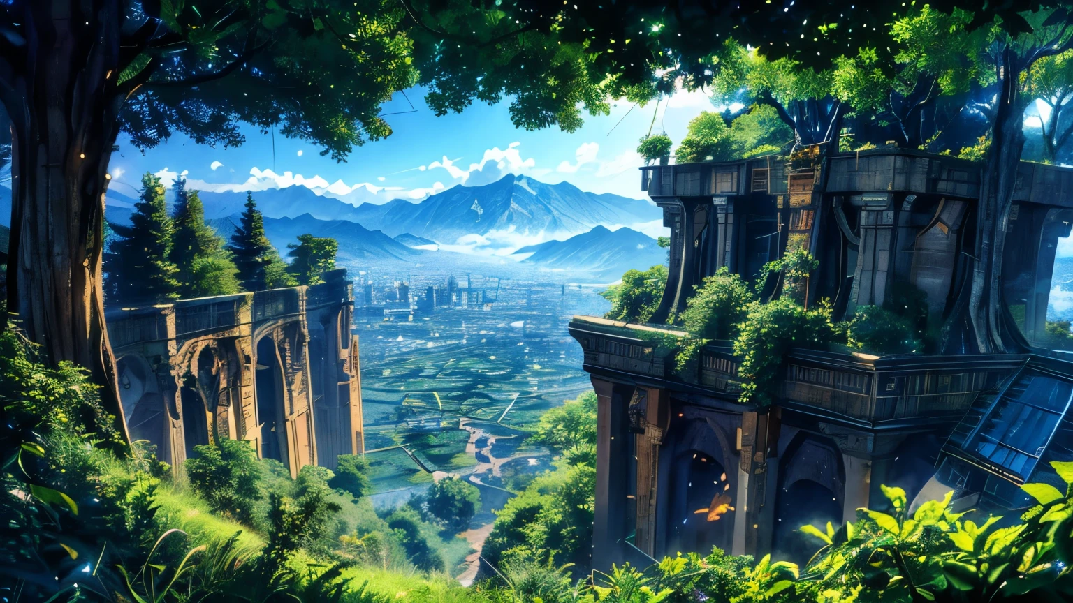 Imagine a sprawling city built on top of giant, ancient trees that pierce the clouds. Anime characters with flowing clothes and steampunk-inspired gadgets could be soaring between the trees on fantastical flying creatures.(glowing fireflies and butterfiles )(greenery view)(bright blue shinning sky)(night view)(borkeh effect)(view from top angle)