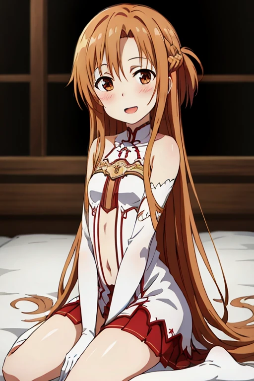 ((Highest quality)), ((masterpiece)), (be familiar with), Perfect Face, indoor, Bedroom, Watching the audience,
One woman, Yuuki Asuna,
Open Mouth, Ecstatic expression, blush, smile,
Small breasts, Flat Chest, , , child, Girl,
Long Hair, Long Hair,
Leg spread,