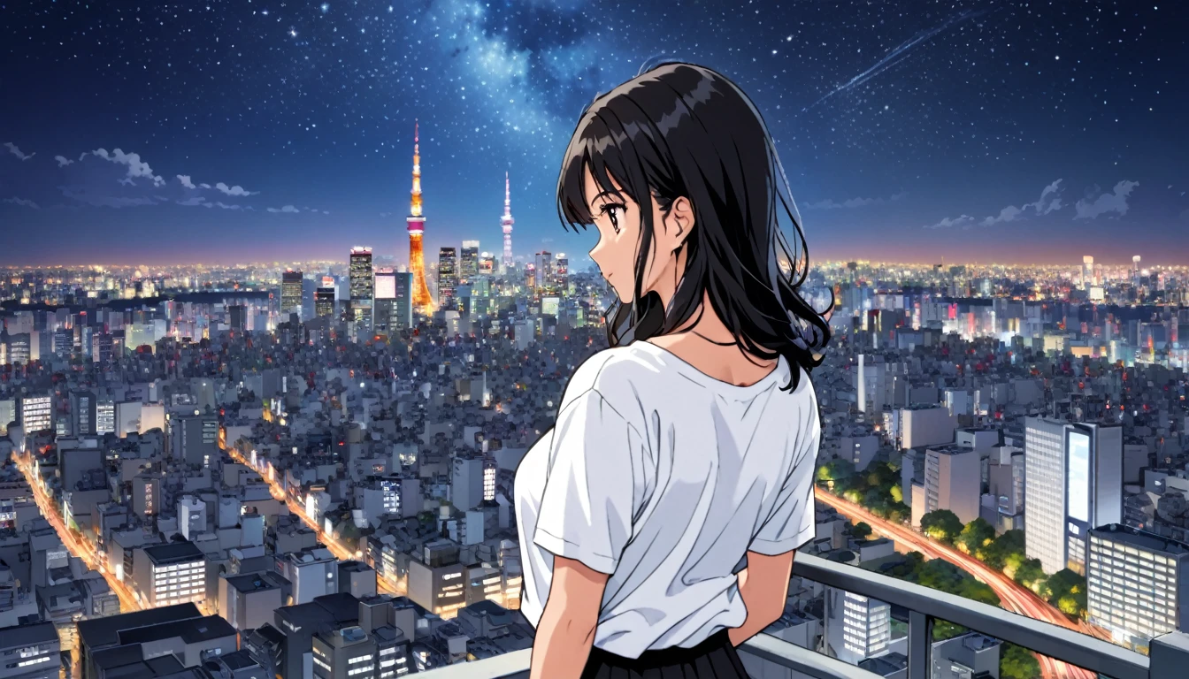 A black-haired woman looking out over the city of Tokyo,Night starry sky,Streetscape、listen to music、Japanese　Black Hair　Cleavage Skyscraper City　Wear a white Y-shirt