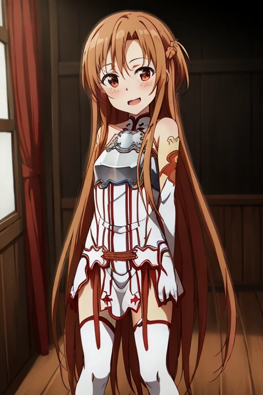 ((Highest quality)), ((masterpiece)), (be familiar with), Perfect Face, indoor, Bedroom, Watching the audience,
One woman, Yuuki Asuna,
Open Mouth, Ecstatic expression, blush, smile,
Small breasts, Flat Chest, , , child, Girl,
Long Hair, Long Hair,
Leg spread,