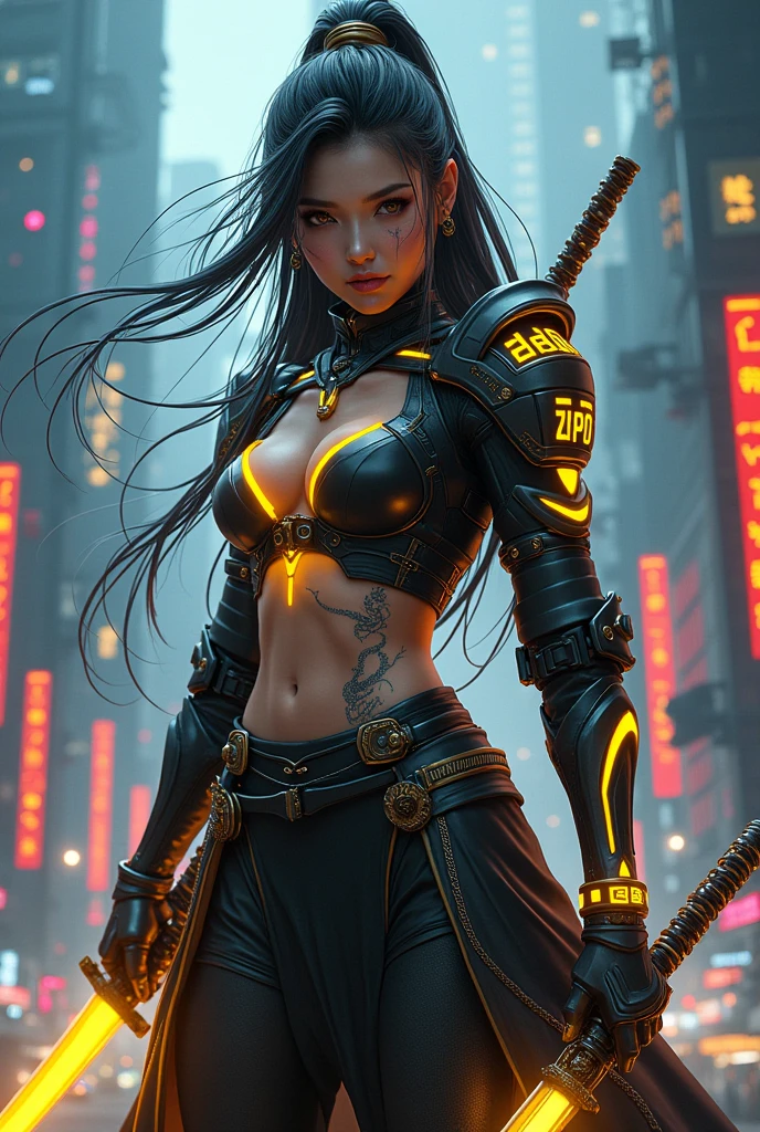 Niko Robin is re-imagined as a neo-samurai female warrior, her body sexy and wearing high-tech samurai armor that glows with neon yellow accents. Her iconic long hair is loose but with interwoven metal strands giving a futuristic impression. Ancient dragon symbol tattoos glowed faintly on his chest and arms. Nicorobin's eyes were sharp and focused, reflecting the wisdom and strength of a seasoned warrior. In his hand, he held a shining energy katana, with energy swirling around it. The background is a cyberpunk cityscape with towering skyscrapers and floating kanji symbols, combining traditional Korean elements with a futuristic atmosphere. The color palette is dominated by navy, black and neon highlights, creating a strong and modern warrior aesthetic."