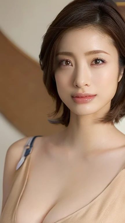 top-quality,40 year old woman,Colossal ,so short hair,well-muscled,Beautiful face,Slender eyes,Thick lip,Thin makeup,blusher,Realistic wrinkles,Exposing breasts,