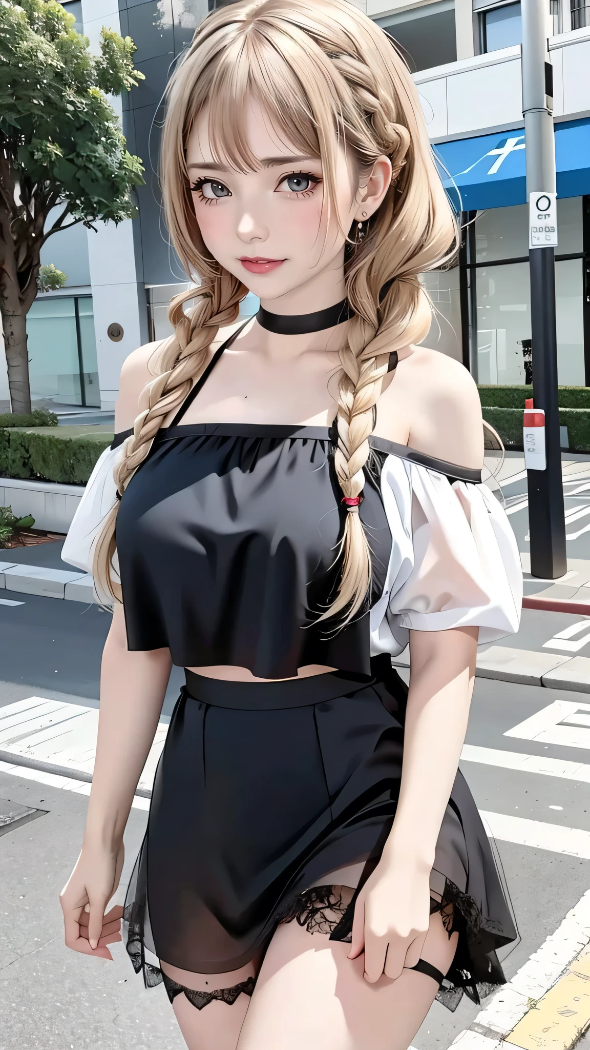  cute looks and cute  beautiful girl, Beautiful and  face、A strong wind blows my hair in front of my face、Blonde French braids with cute and  eyes hidden by long bangs、Off-the-shoulder T-shirt、Tulle miniskirt