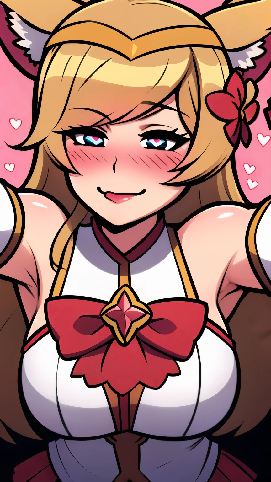 Celling background, (Anime:1.2), Heart-shaped_pupils, starguardianahri, elbow gloves, hair ornament, (skirt:1.1), star guardian \(league of legends\, blonde hair, long hair, fox tail, slim body, blue eyes, upper body, 1girl solo, kabedon pov, smile, ((blush:1.2)), (licking her own lips:1.3), ((heavy breathing:1.2))