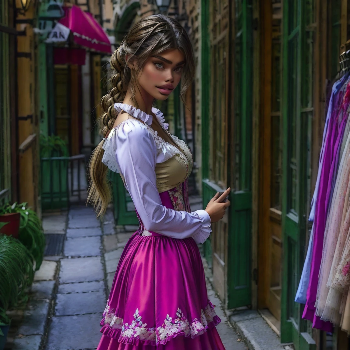 slmn, sara sampaio,1girl, skinny,  petite, blonde, masterpiece,best quality,highres,ultra-detailed,aadarjeeling,braid,bangs,medieval,long sleeves, rapunzel dress is a red-colored gown with puffed sleeves and a corset-style bodice. The bodice is typically decorated with intricate lace or floral embroidery. The skirt flows out from the waist, made of layers of soft, pastel-colored fabric, such as chiffon or tulle.old village,standing,:smile, from side