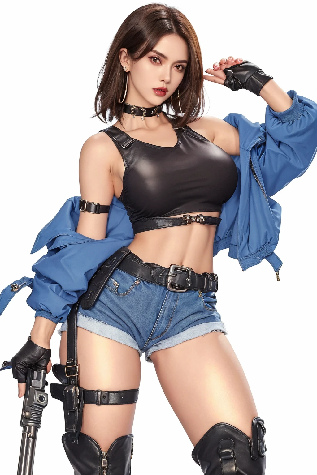((small breasts, tomboy girls, small head, wide hips, ass)), daylight, sunlight, (chiseled abs: 1.1), (perfect body: 1.1), (short wavy hair: 1.2), closed eyes, red hair, smile, collar, chain, full body shot, crowded street, in black tank top, denim jacket, ((shorts)), (extremely detailed CG 8k wallpaper), (extremely delicate and beautiful), (masterpiece), (best quality: 1.0), (ultra-high resolution: 1.0),  Beautiful lighting, perfect lighting, realistic shadows, [high resolution], detailed skin, super detailed