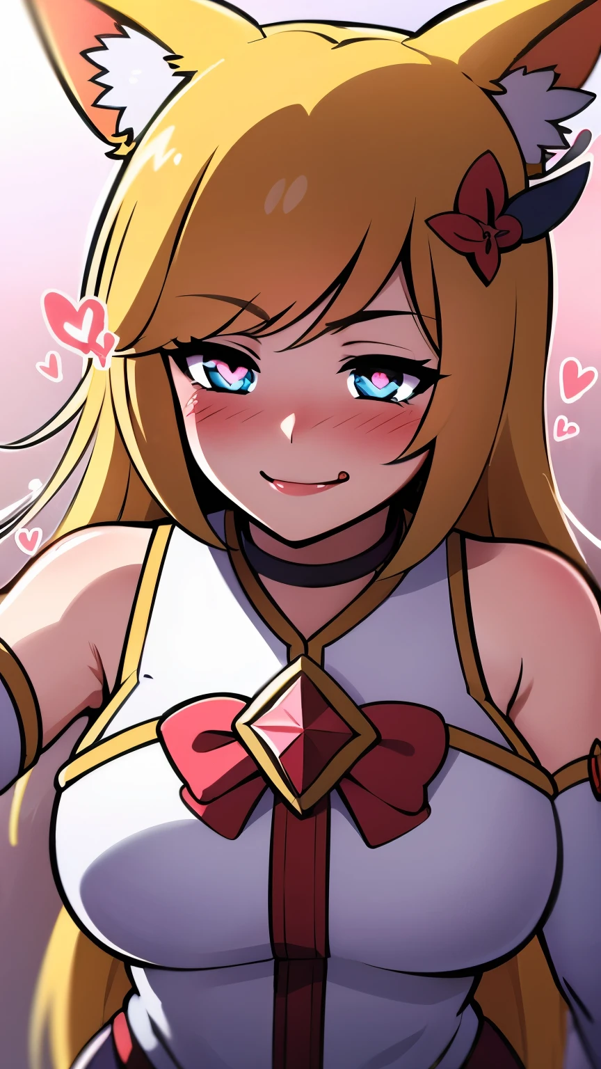 Celling background, (Anime:1.2), Heart-shaped_pupils, starguardianahri, elbow gloves, hair ornament, (skirt:1.1), star guardian \(league of legends\, blonde hair, long hair, fox tail, slim body, blue eyes, upper body, 1girl solo, kabedon pov, smile, ((blush:1.2)), (licking her own lips:1.3), ((heavy breathing:1.2))