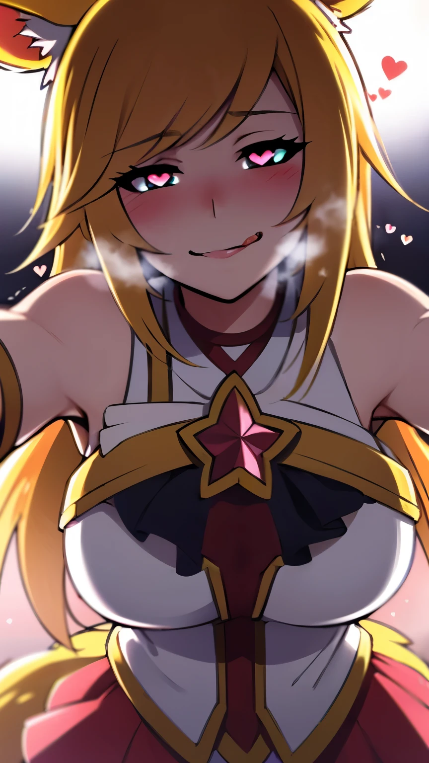 Celling background, (Anime:1.2), Heart-shaped_pupils, starguardianahri, elbow gloves, hair ornament, (skirt:1.1), star guardian \(league of legends\, blonde hair, long hair, fox tail, slim body, blue eyes, upper body, 1girl solo, kabedon pov, smile, ((blush:1.2)), (licking her own lips:1.3), ((heavy breathing:1.2))