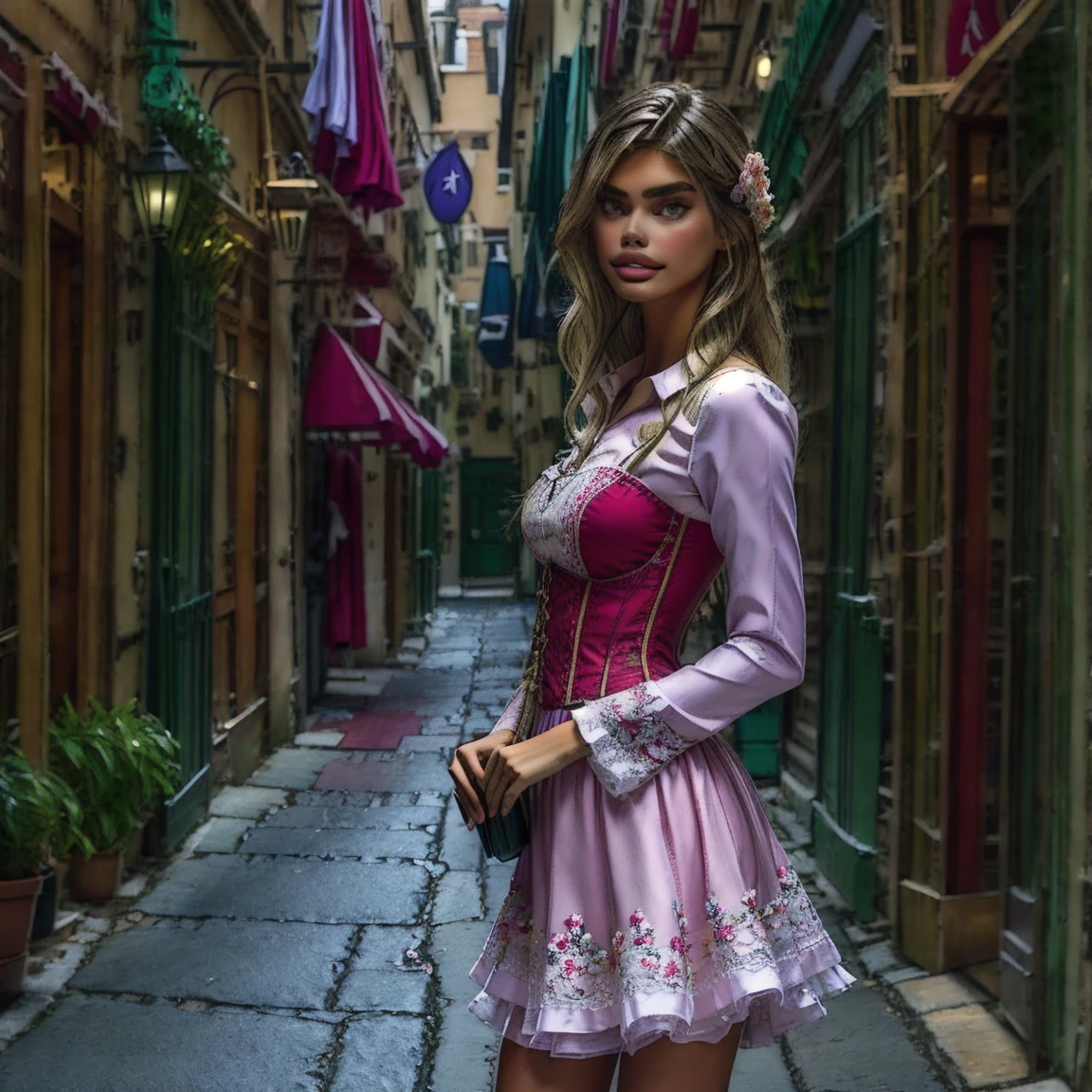 slmn, sara sampaio,1girl, skinny,  petite, blonde, masterpiece,best quality,highres,ultra-detailed,aadarjeeling,braid,bangs,medieval,long sleeves, rapunzel dress is a red-colored gown with puffed sleeves and a corset-style bodice. The bodice is typically decorated with intricate lace or floral embroidery. The skirt flows out from the waist, made of layers of soft, pastel-colored fabric, such as chiffon or tulle.old village,standing,:smile, from side