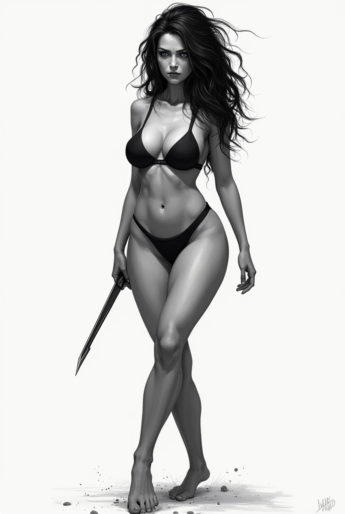1girl, ((young girl)), white skin, (thin waist), ((curvy)), ((wide hips)), ((small size)), hot, full body, (((micro bikini))), large tatoo, big long black hair, tomoko, sexy, slim figure, Detailed eyes, Detailed face, Detailed eyes, tomoko kuroki, watamote, ((bare arms))